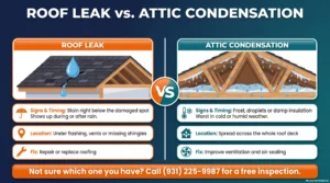 Infographic comparing the signs of a roof leak and attic condensation