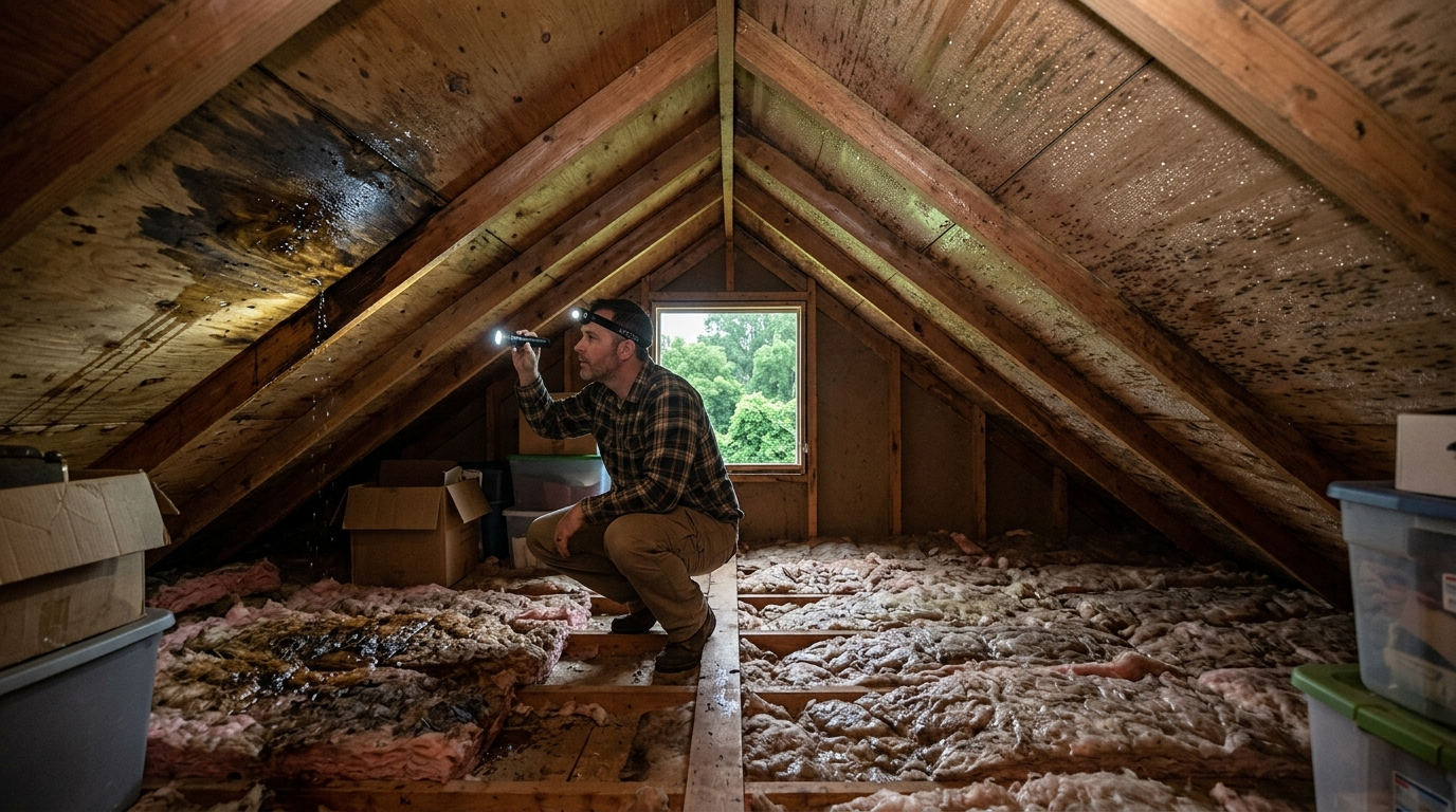 roof leak or attic condensation