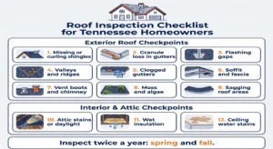 Roof inspection checklist infographic for Tennessee homeowners with 12 items to check