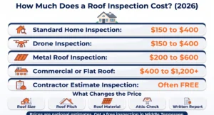 Roof inspection cost infographic showing 2026 price ranges for standard, drone, metal and commercial roofs