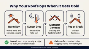 Infographic showing how temperature drops make roof materials contract and cause popping sounds at night